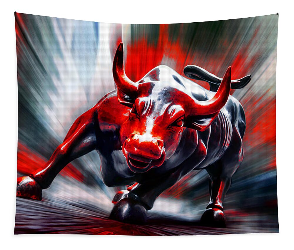 Wall Street Charging Bull In Red Tapestry featuring the photograph Run by Az Jackson