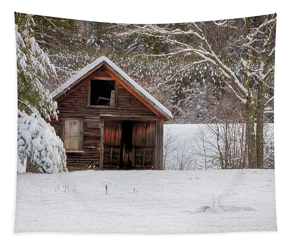 Scenic Vermont Photographs Tapestry featuring the photograph Rustic Shack In Snow by Jeff Folger