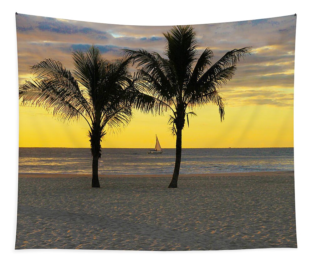 Sunrise Tapestry featuring the photograph Sail Away at Dawn by Roger Becker