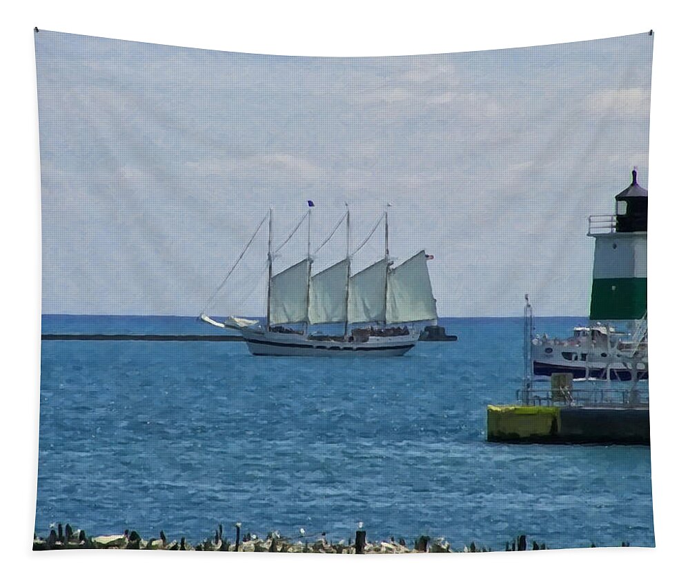 Landscape Tapestry featuring the digital art sailboat on Lake Michigan by Flees Photos