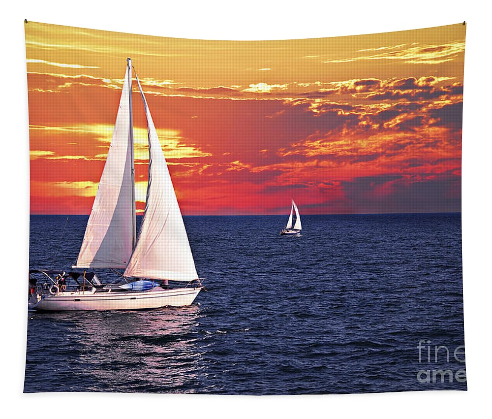 Boat Tapestry featuring the photograph Sailboats at sunset by Elena Elisseeva