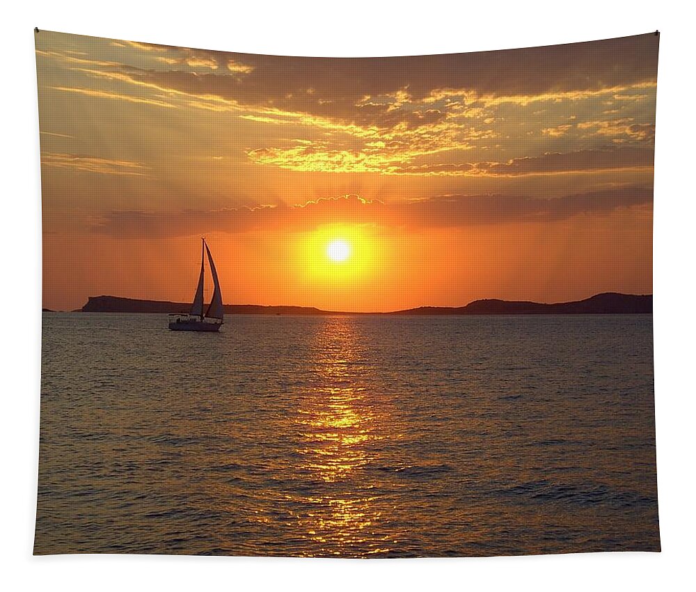 Ibiza Tapestry featuring the photograph Sailing Boat in Ibiza Sunset by Steve Kearns