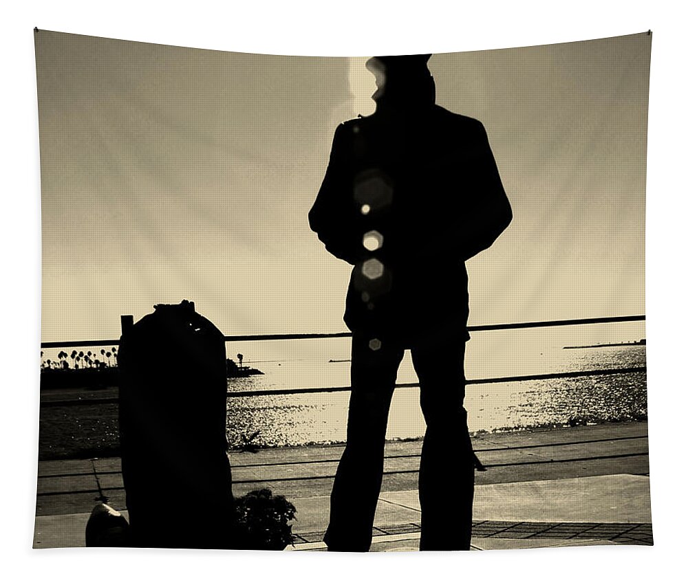 Lone Sailor Tapestry featuring the photograph Sailor Statue over Long Beach Harbor by Denise Dube