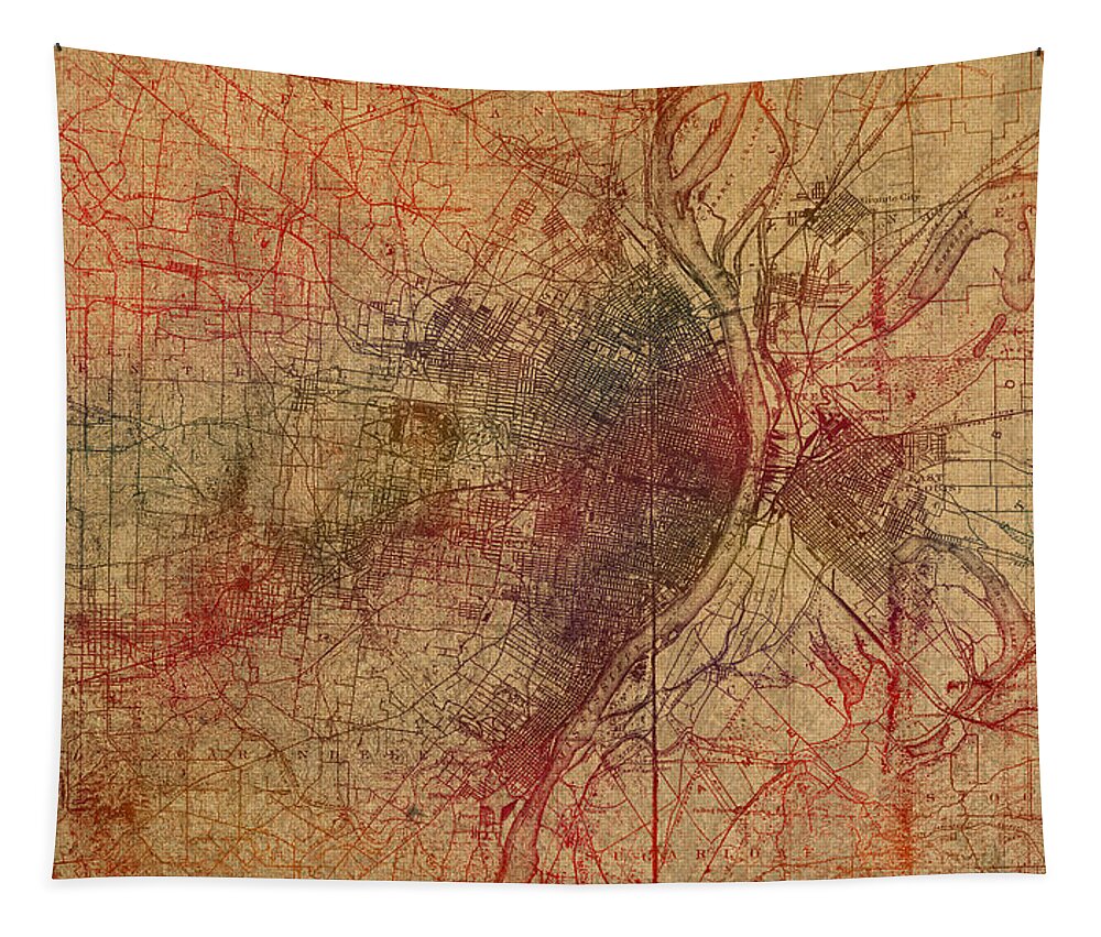 Saint Louis Tapestry featuring the mixed media Saint Louis Missouri Street Map Schematic Watercolor on Old Parchment from 1903 by Design Turnpike