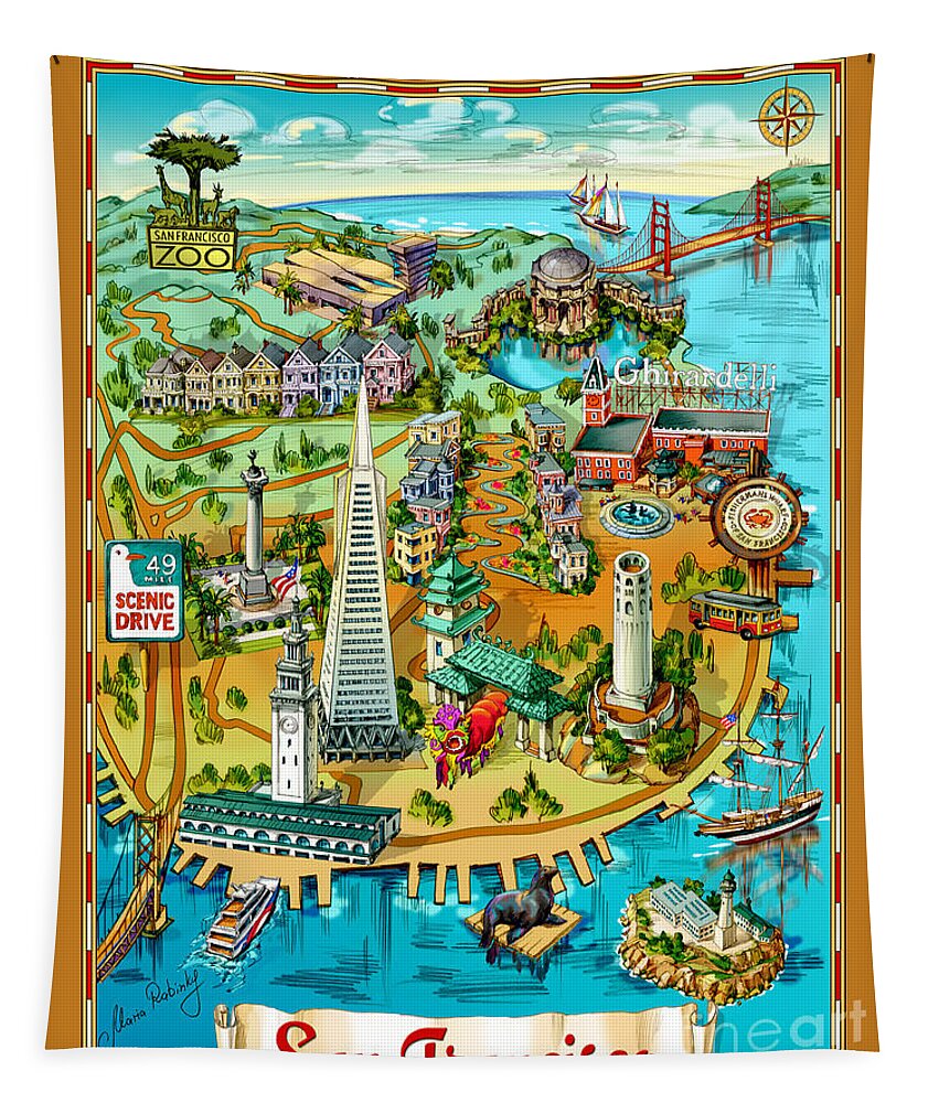 San Francisco Tapestry featuring the painting San Francisco Illustrated Map by Maria Rabinky