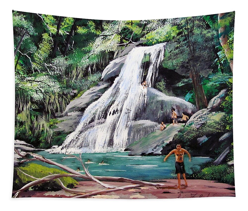 San Sebastian Waterfall Tapestry featuring the painting San Sebastian Waterfall by Luis F Rodriguez