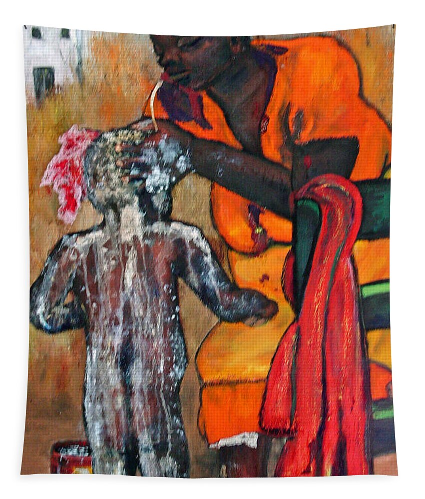 Mother Bathing Child Tapestry featuring the painting Saturday Night Bath by Peggy Blood