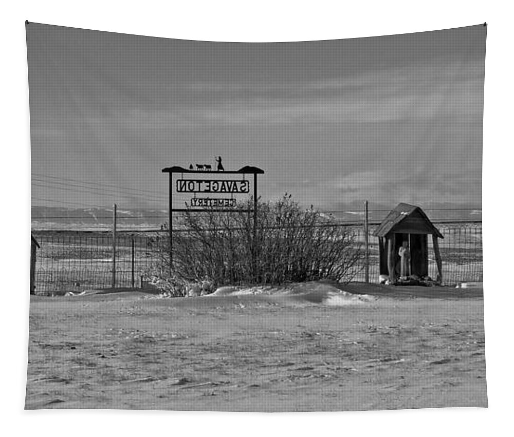 Black And White Tapestry featuring the photograph Savageton Cemetery Wyoming by Cathy Anderson