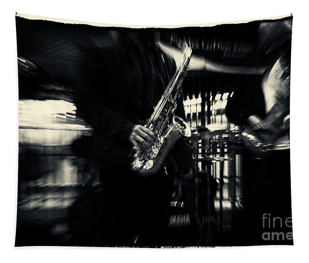 Filmnoir Tapestry featuring the photograph Saxophone at Columbus Circle New York City by Sabine Jacobs