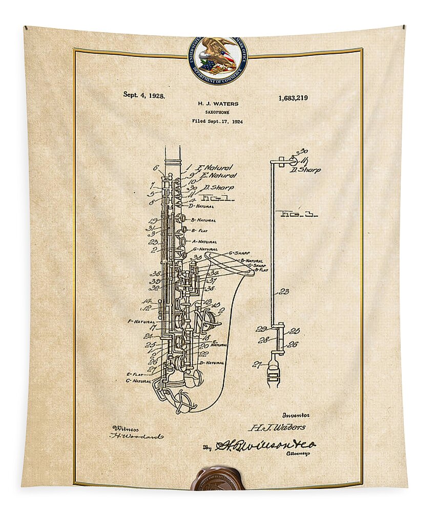 C7 Vintage Patents And Blueprints Tapestry featuring the digital art Saxophone by H.J. Waters Vintage Patent Document by Serge Averbukh