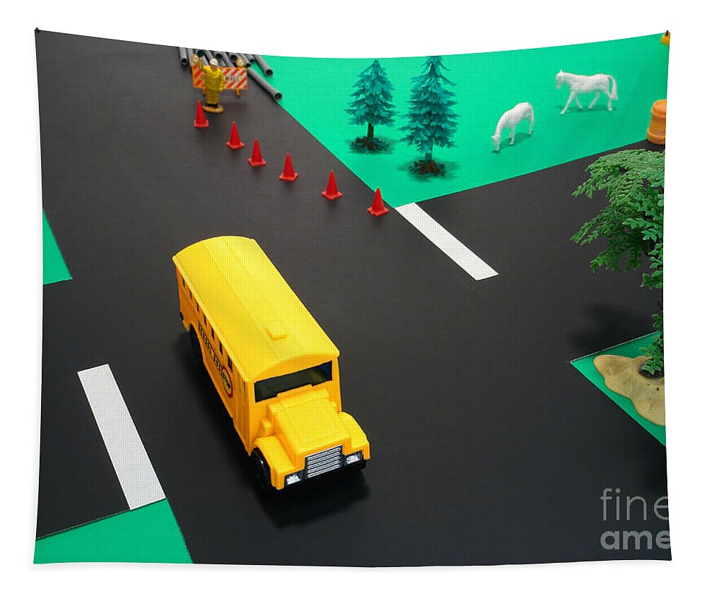 School Tapestry featuring the photograph School Bus School by Olivier Le Queinec