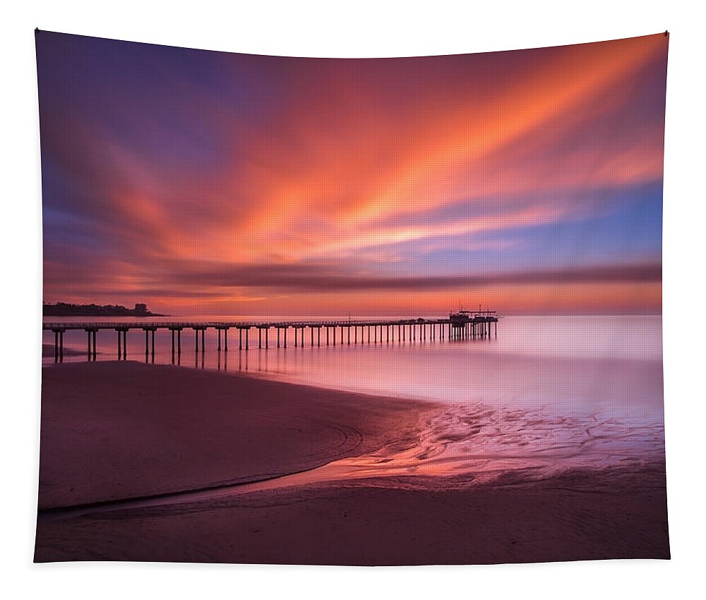 California; Long Exposure; Ocean; Reflection; San Diego; Seascape; Sky; Sunset; Surf; Clouds; Waves Tapestry featuring the photograph Scripps Pier Sunset by Larry Marshall
