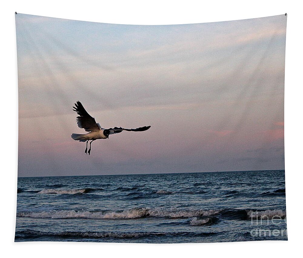 Seascape Tapestry featuring the photograph Seagull's Sunset Snatch by IK Hadinger