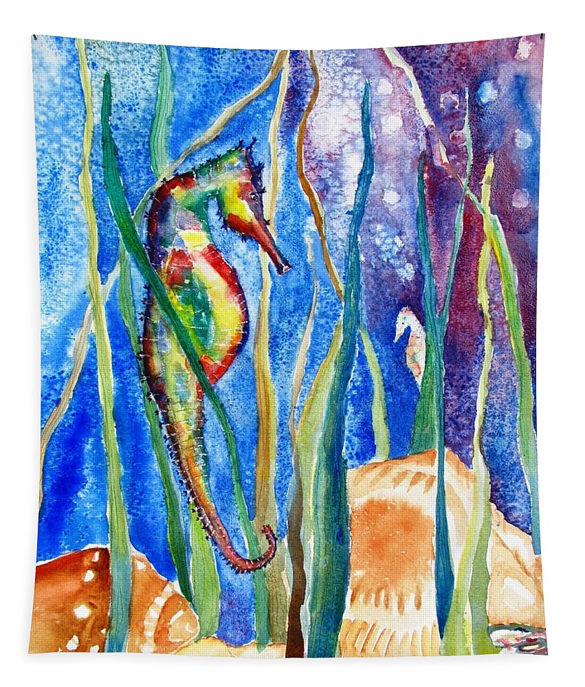 Seahorse Tapestry featuring the painting Seahorse and Shells by Carlin Blahnik CarlinArtWatercolor