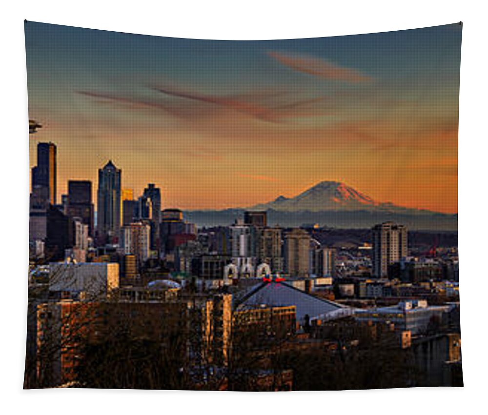 Skyline Tapestry featuring the photograph Seattle Sunset Panorama by Mary Jo Allen