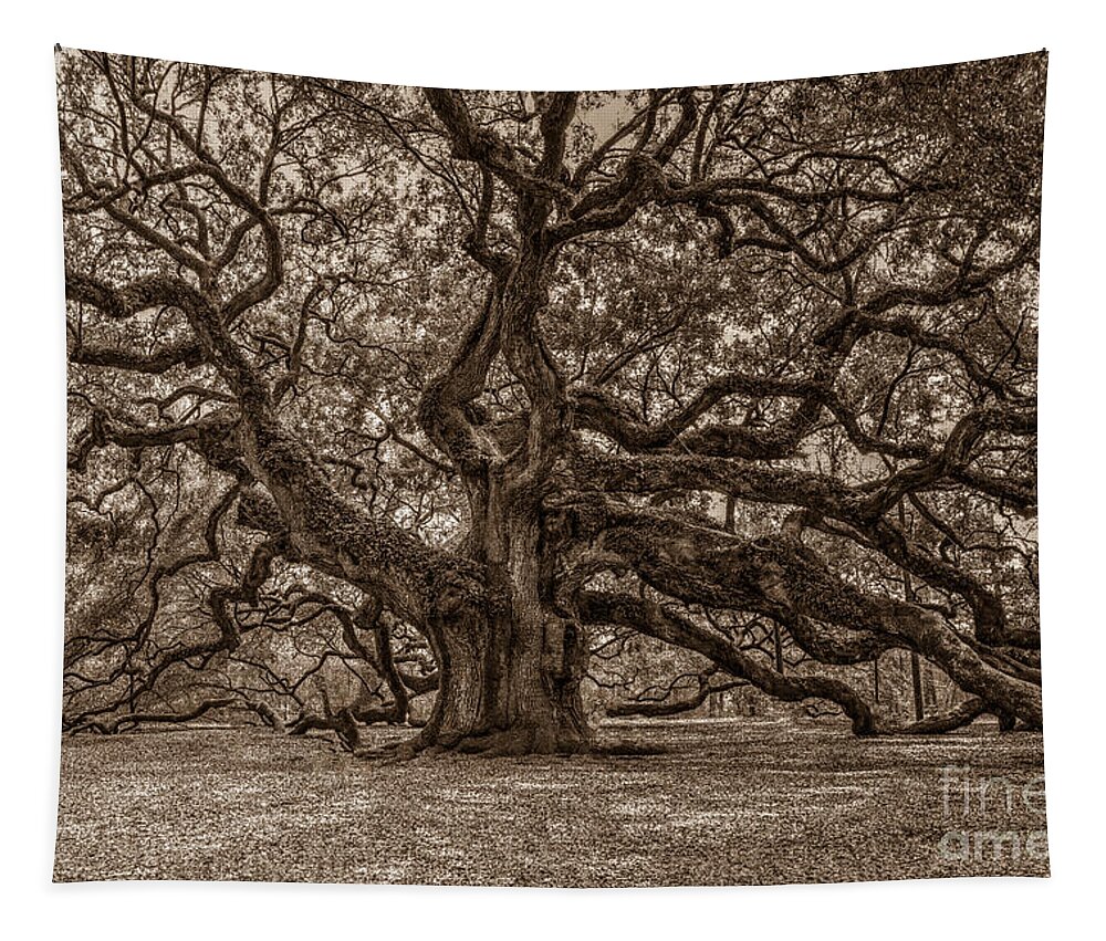Angel Oak Tree Tapestry featuring the photograph Sepia Angel Oak by Dale Powell