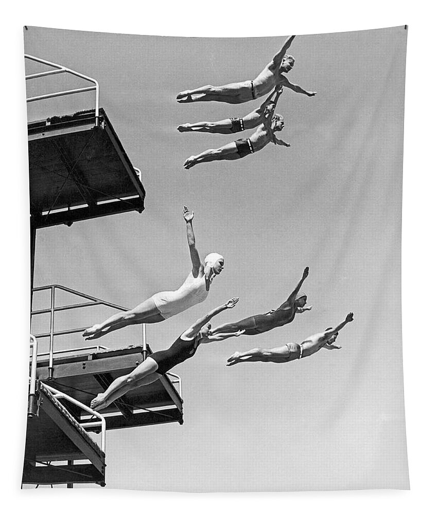 1937 Tapestry featuring the photograph Seven Champion Diving In LA by Underwood Archives
