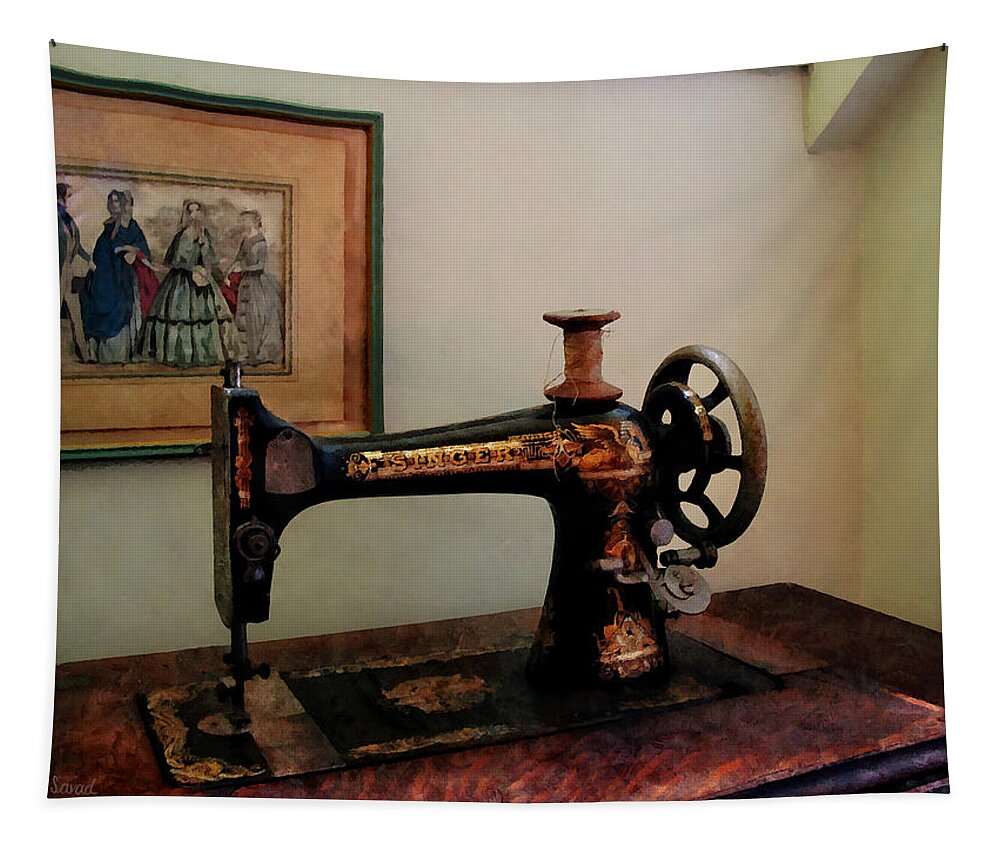 Sewing Machine Tapestry featuring the photograph Sewing Machine and Lithograph by Susan Savad