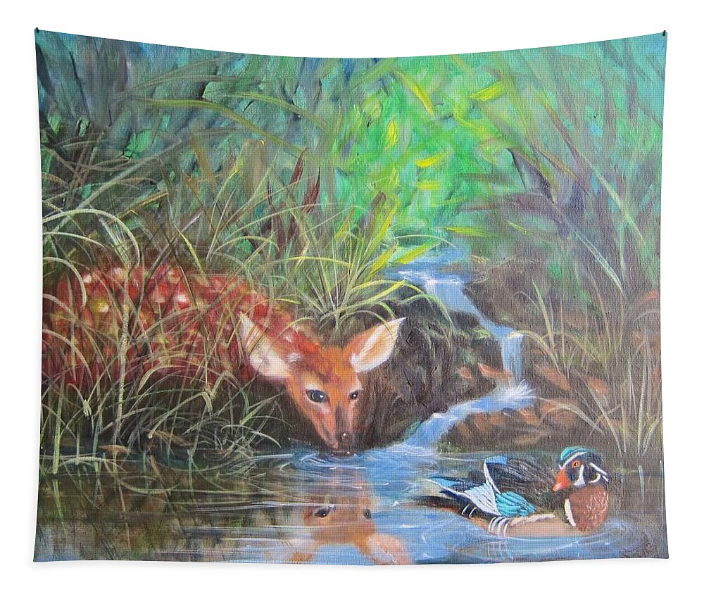 Deer Tapestry featuring the painting Sharing the Pond by Sherry Strong