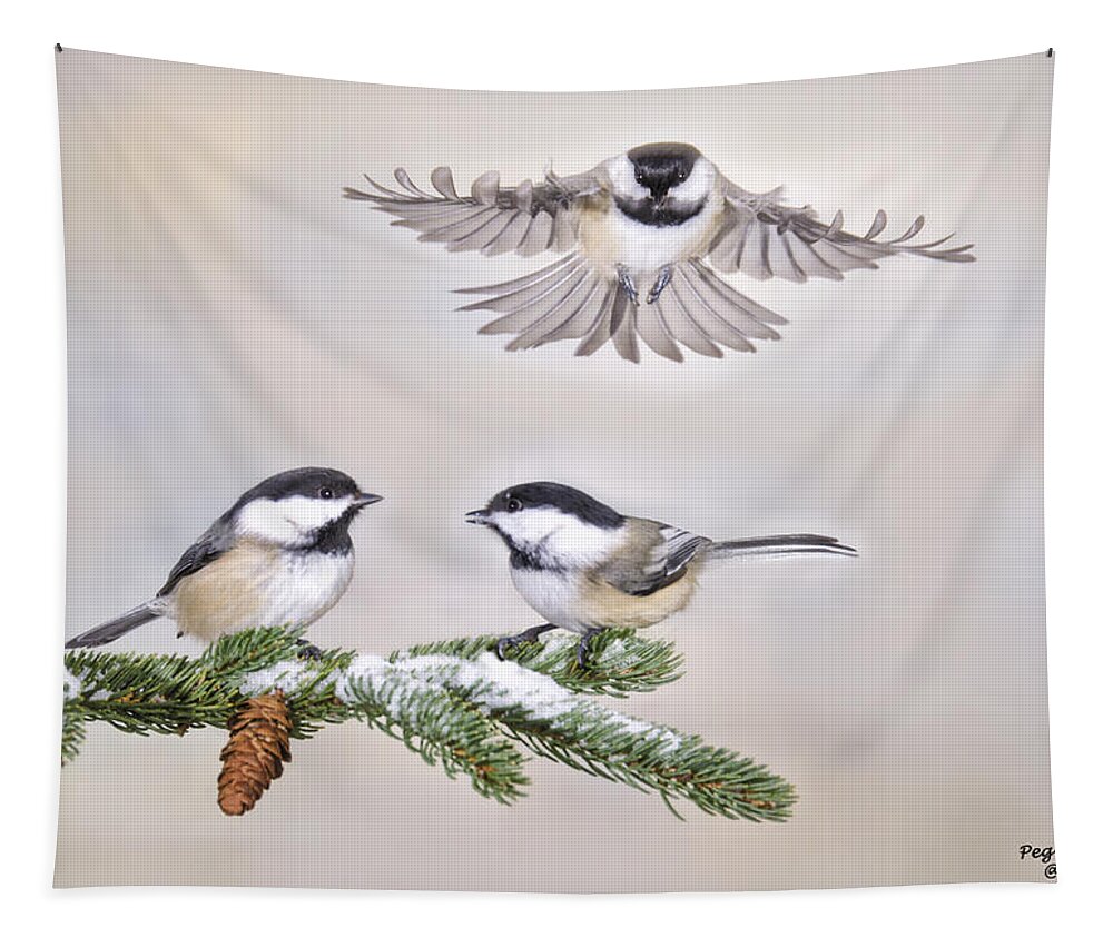 Chickadees Tapestry featuring the photograph She Think's She's a Drone by Peg Runyan