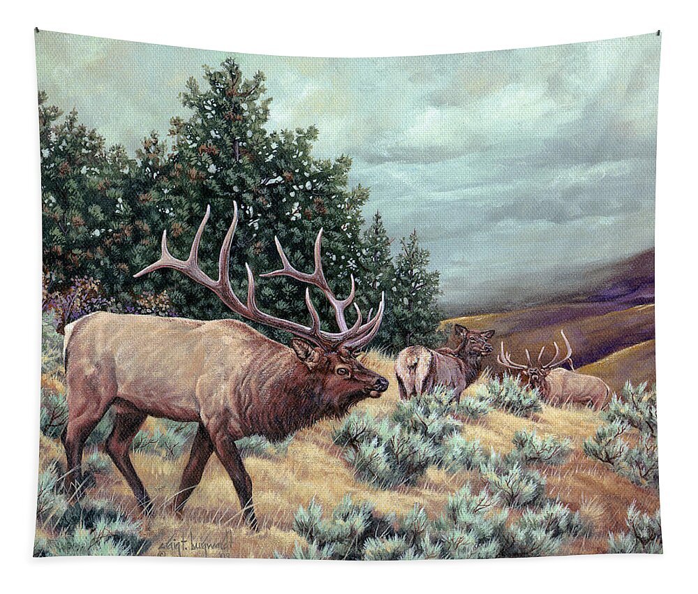 Elk Tapestry featuring the painting Showdown by Craig Burgwardt