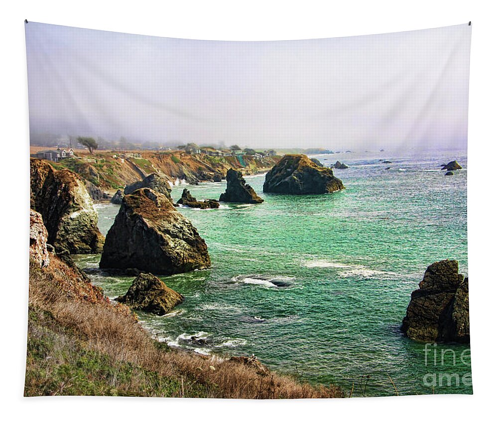 California Tapestry featuring the photograph shrouded in fog- California coastline by Sylvia Cook
