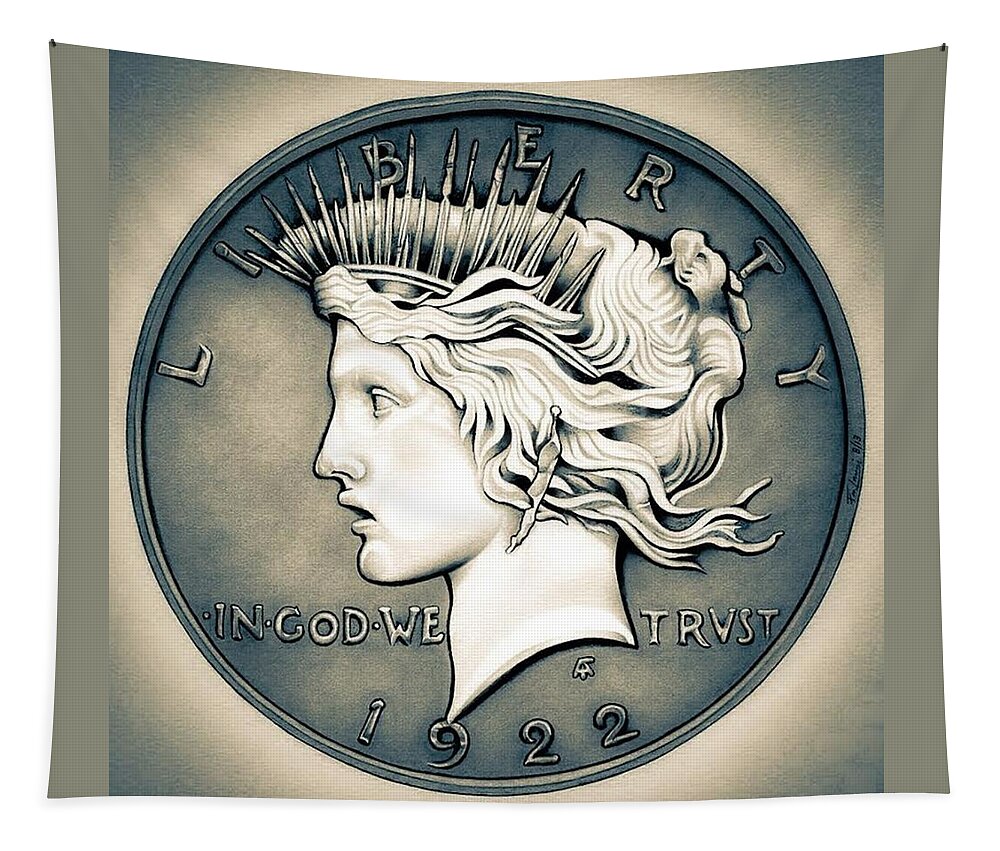 Coin Tapestry featuring the drawing 1922 Silver Proof Peace Dollar by Fred Larucci