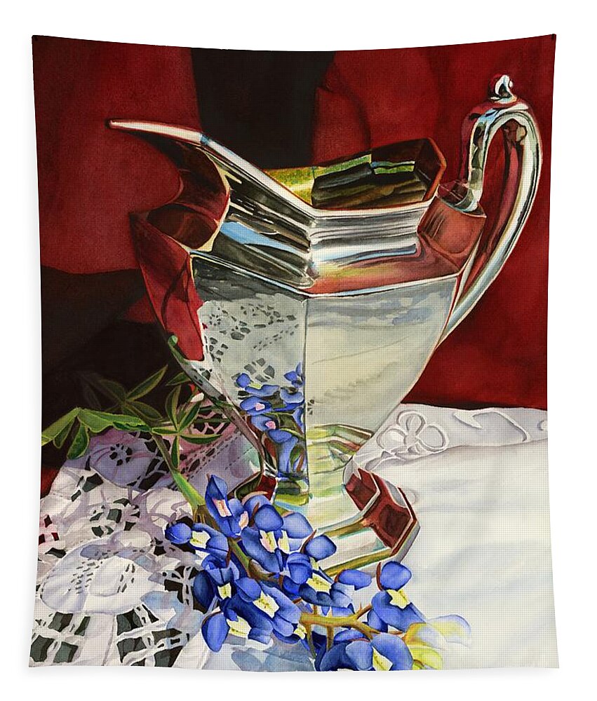 Silver Pitcher Tapestry featuring the painting Silver Pitcher and Bluebonnet by Hailey E Herrera