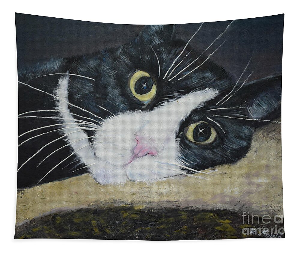 Cat Tapestry featuring the painting Sissi the Cat 3 by Raija Merila