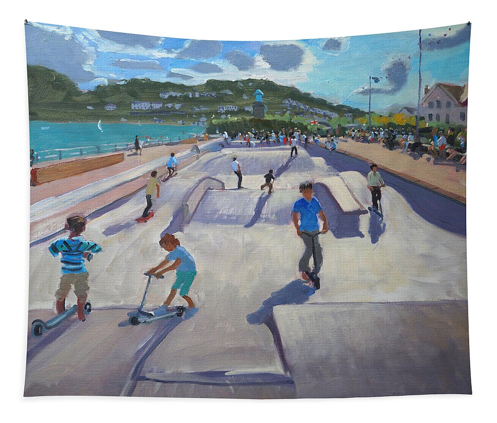 Andrew Macara Tapestry featuring the painting Skateboaders Teignmouth by Andrew Macara