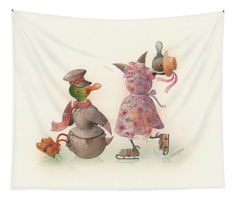 Christmas Winter Greeting Cards Ice Snow Dance Duck Holiday Tapestry featuring the painting Skating Ducks 10 by Kestutis Kasparavicius