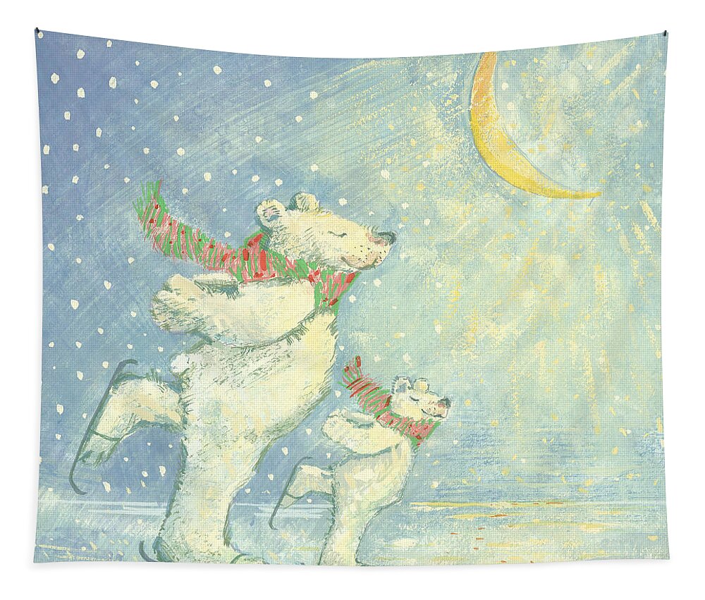 Ice; Smiling; Happy; Bear; Snow; Crescent Moon; Christmas Card; Blizzard; Children's Illustration Tapestry featuring the painting Skating Polar Bears by David Cooke