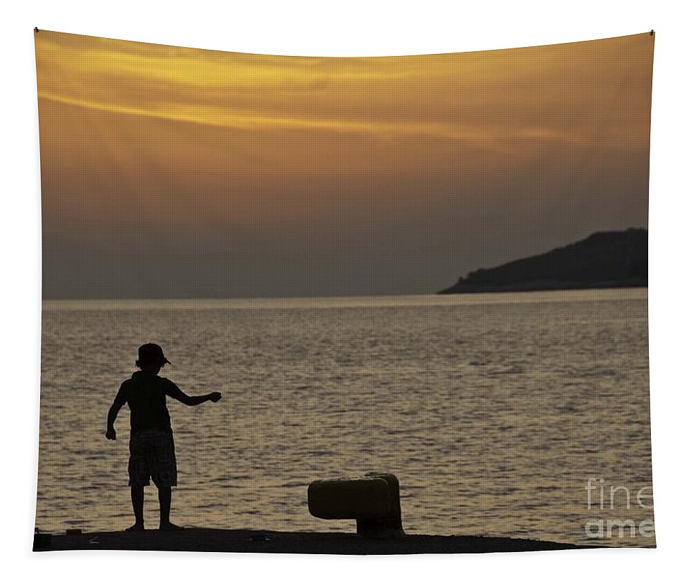 Skopelos Tapestry featuring the photograph Skopelos Sunset - Fisher Boy - 1 by James Lavott