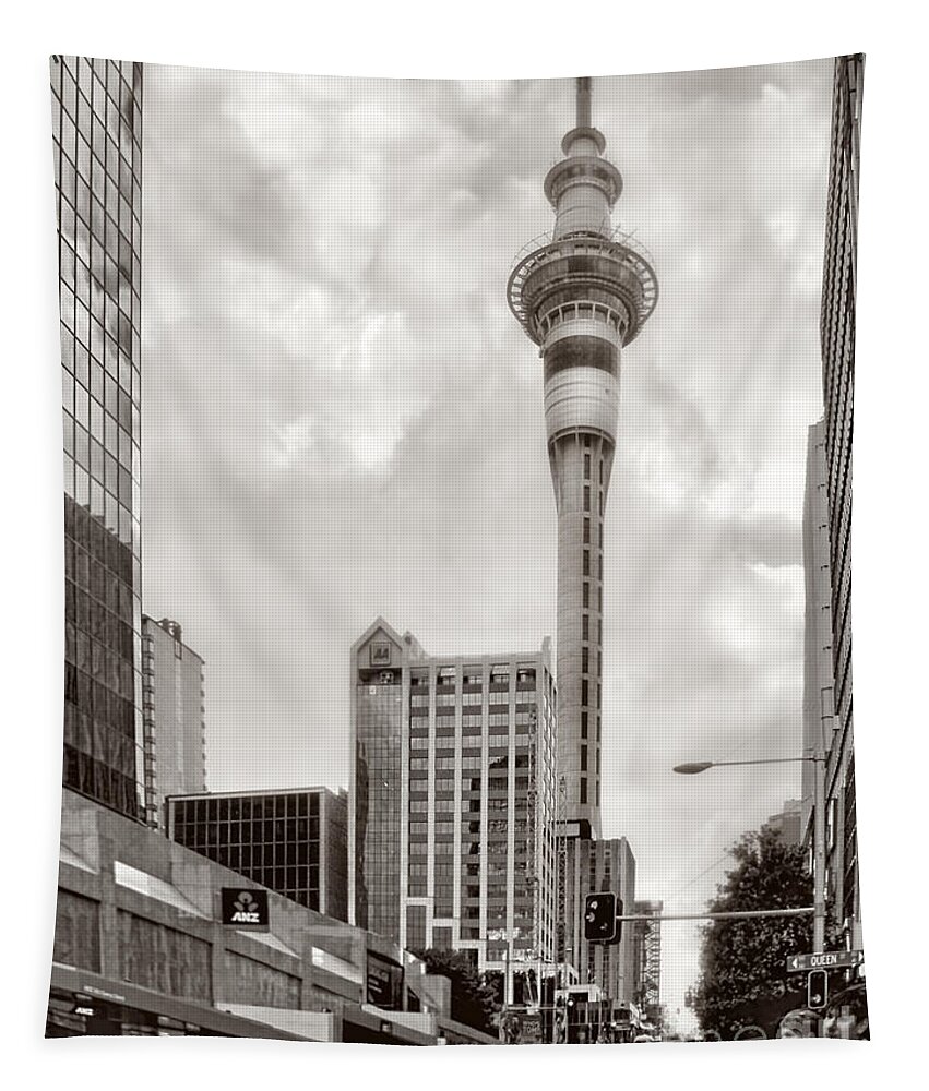 New Zealand Tapestry featuring the photograph Sky Tower's Queen St Couple.NZ by Jennie Breeze