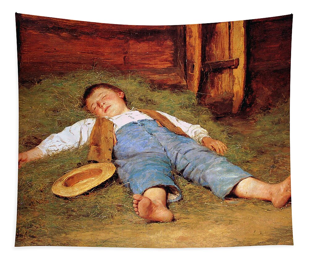 Albert Anker Tapestry featuring the painting Sleeping boy in the hay by Albert Anker