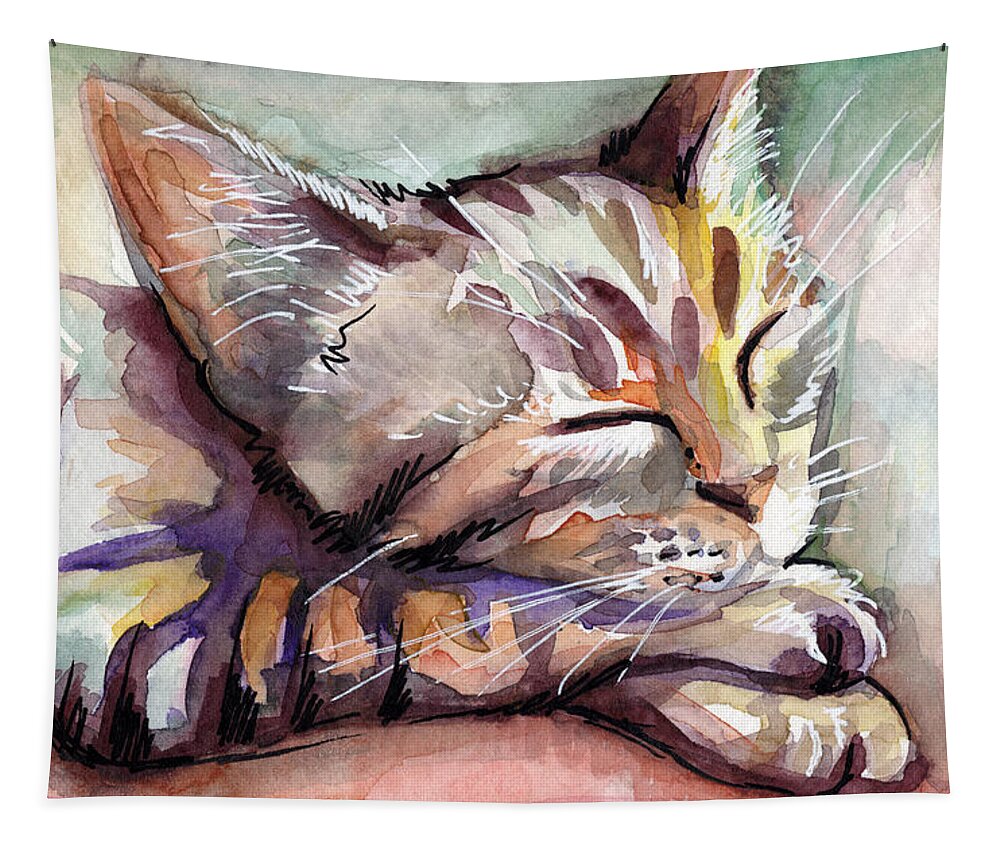 Sleeping Cat Tapestry featuring the painting Sleeping Kitten by Olga Shvartsur