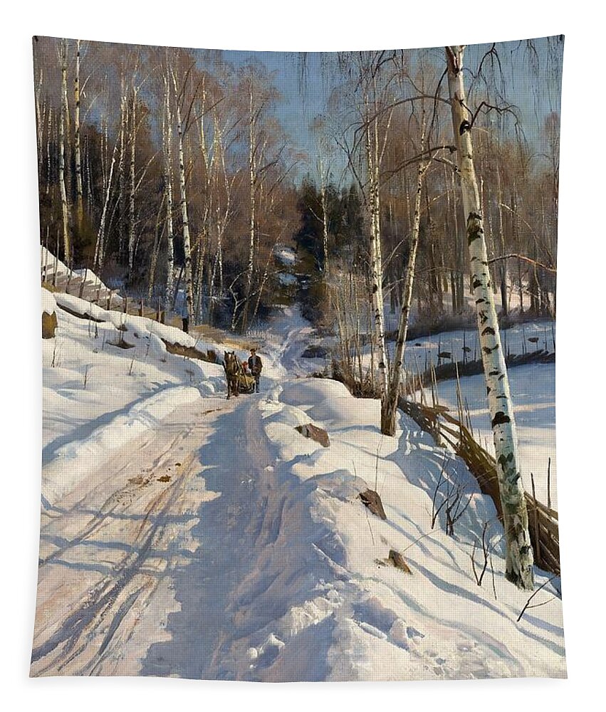 Peder Mork Monsted Tapestry featuring the painting Sleigh ride on a sunny winter day by Peder Mork Monsted