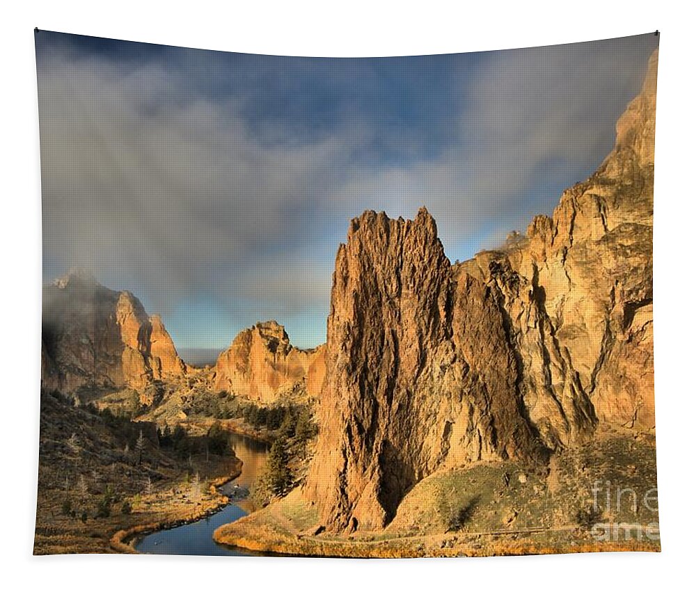 Smith Rock Tapestry featuring the photograph Smith Rock Foggy Morning by Adam Jewell