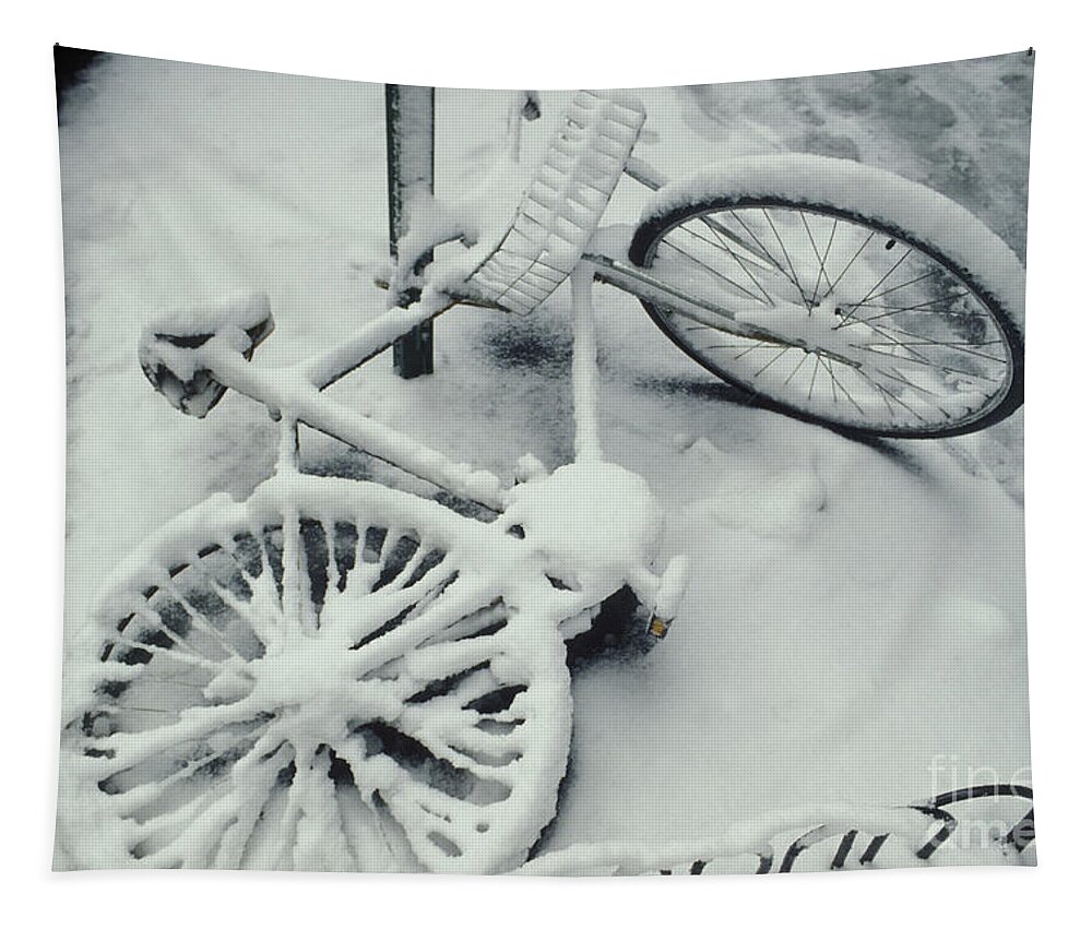 Bike Tapestry featuring the photograph Snow Covered Bike by Ron & Nancy Sanford