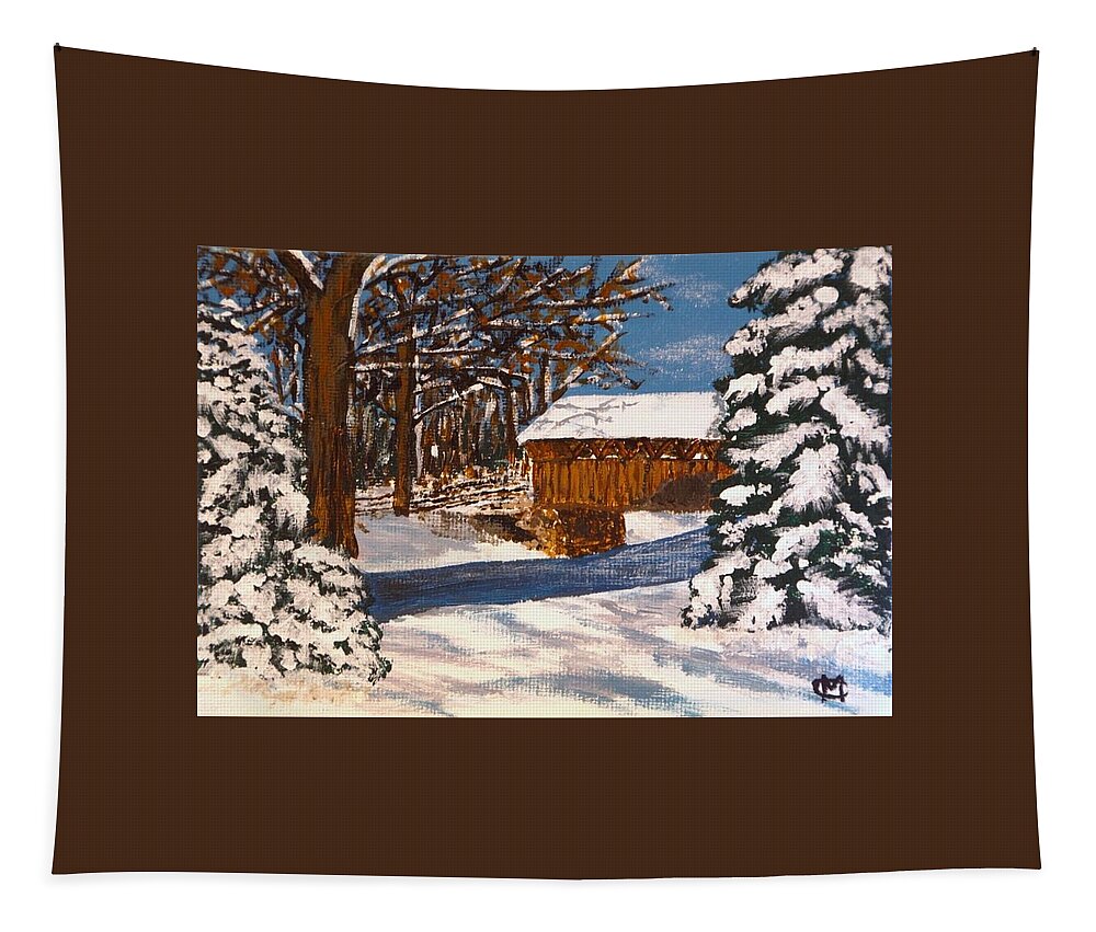Winter Scene Tapestry featuring the painting Snowbridge by Cynthia Morgan
