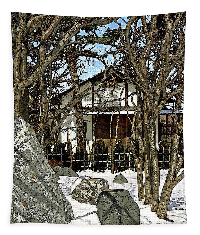 Japanese Garden Tapestry featuring the digital art Snowfall and the Japanese Garden House by Gary Olsen-Hasek