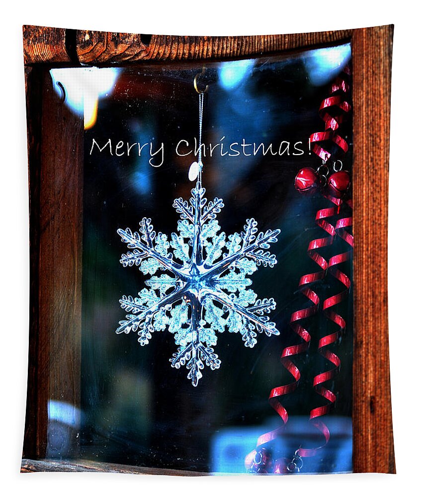 Christmas Tapestry featuring the pyrography Snowflake In Window Text 20507 by Jerry Sodorff