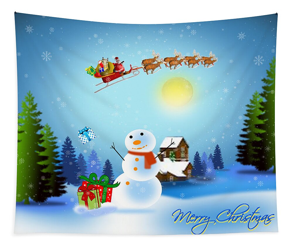 Christmas Tapestry featuring the digital art Snowmen receive gifts too by Spikey Mouse Photography