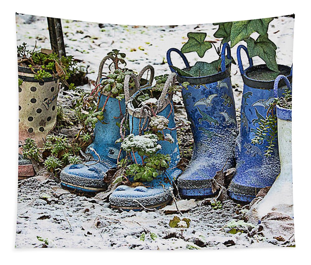 Yard Art Tapestry featuring the photograph Snowy Cold Rubber Boots by Ron Roberts