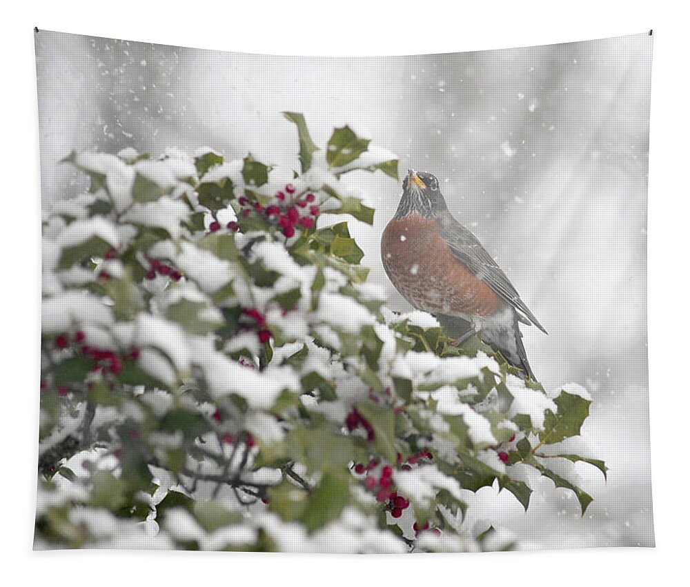 Snowy Day Robin Tapestry featuring the photograph Snowy Day Robin by Terry DeLuco