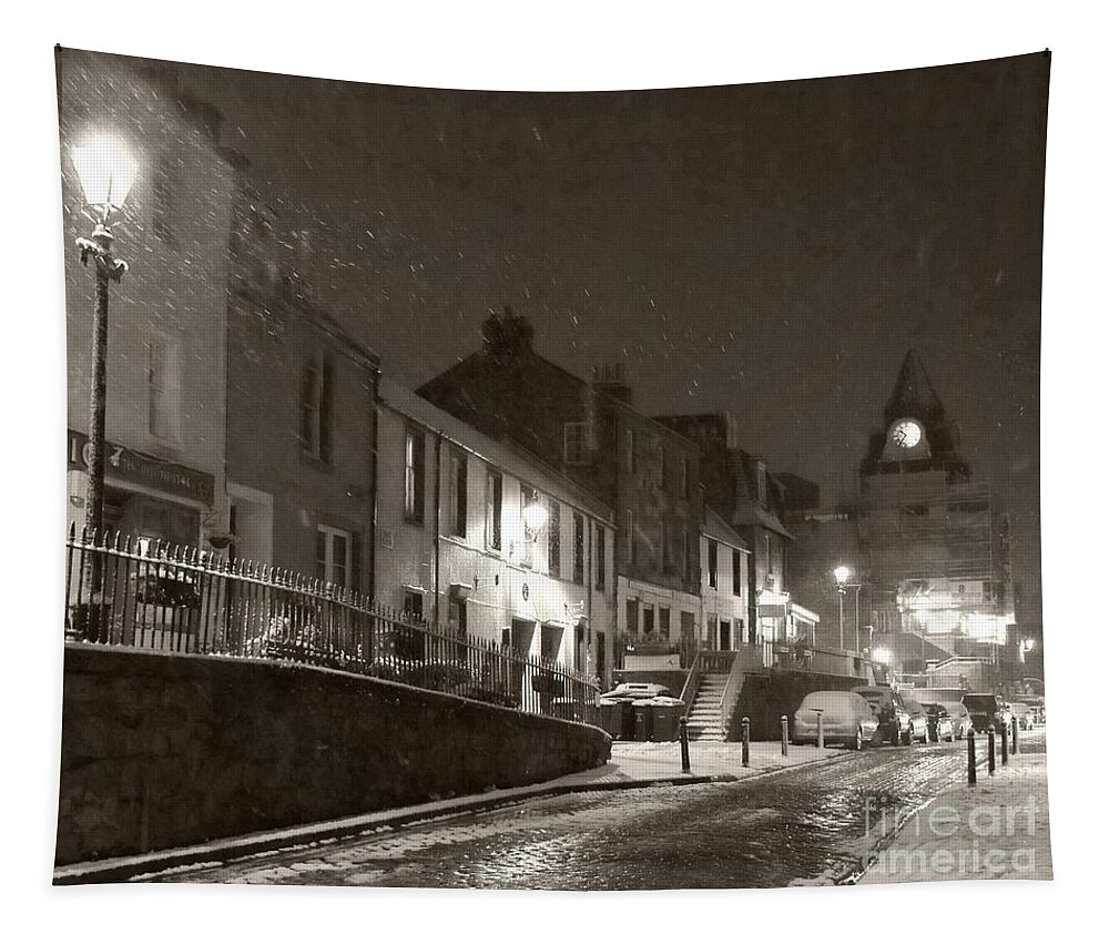 Snowing Tapestry featuring the photograph Snowy Night in Black and White by Elena Perelman
