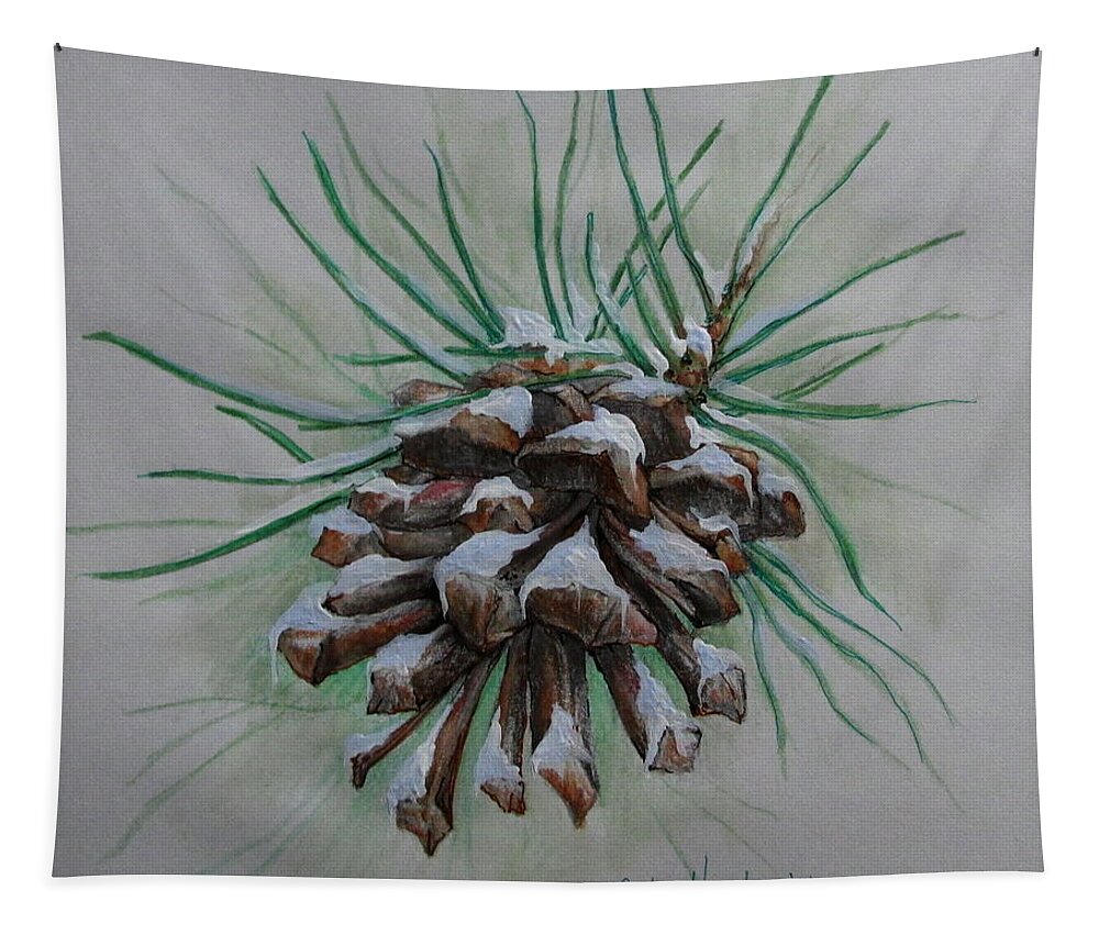 Pine Tapestry featuring the painting Snowy Pinecone by Catherine Howley