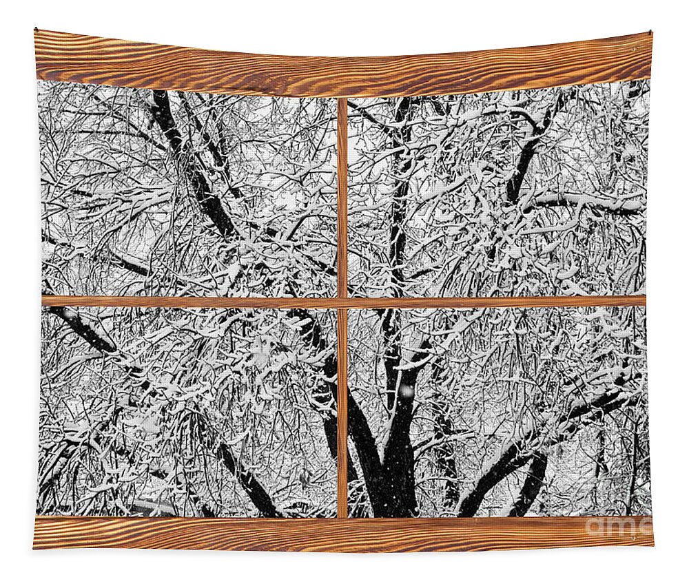 Windows Tapestry featuring the photograph Snowy Tree Branches Barn Wood Picture Window Frame View by James BO Insogna