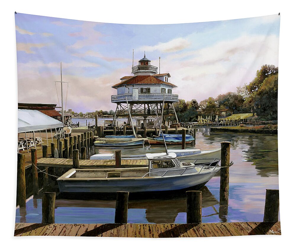 Solomon's Island Tapestry featuring the painting Solomon's Island Drum Point light house,MD by Guido Borelli