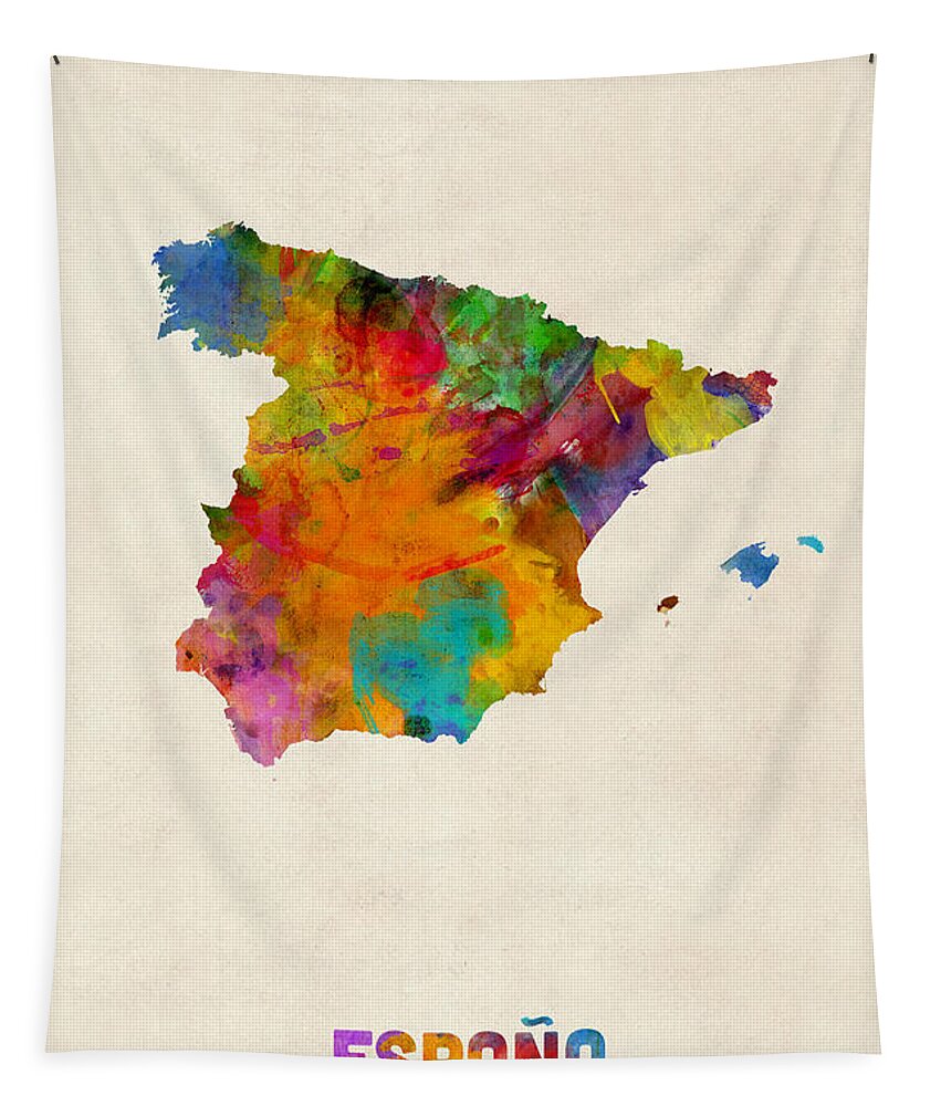 Map Art Tapestry featuring the digital art Spain Watercolor Map by Michael Tompsett